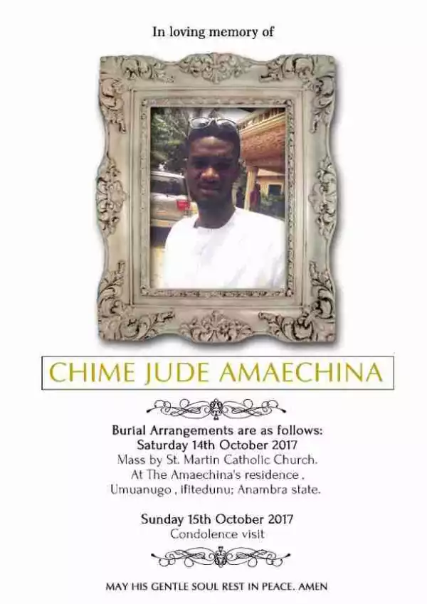 Obituary: Chime Amaechina To Be Buried On October 14th (Photo)  